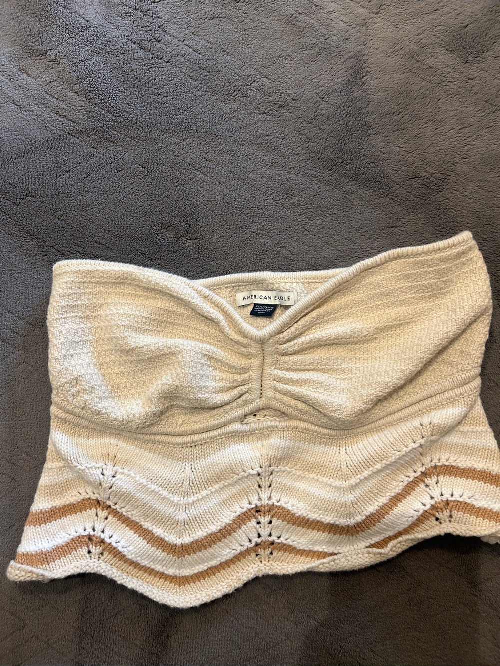 American Eagle Outfitters Cream Knit Strapless Cropped Top with Tan Stripes